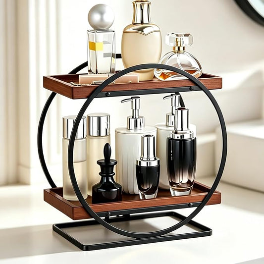 2-Tier Bathroom Counter Organizer, Wooden Perfume Organizer Dresser | Bamboo Countertop Trays Skincare Makeup Vanity Shelf, Organizers and Storage for Bathroom Kitchen,Black & Brown Perfume Stand