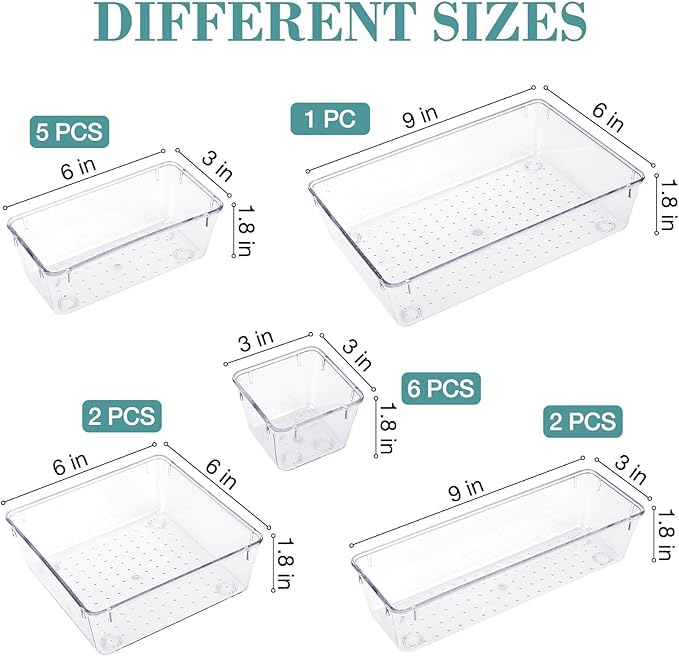 16 PCS Drawer Organizer Set, 5 Size Bathroom and kitchen organizer Trays | Bathroom and kitchen Drawer cabinet organizer Trays, Clear Storage Bins for Makeup, Jewelry, Utensils and Gadgets