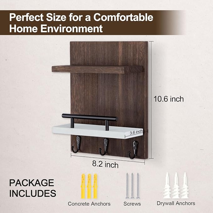 Key Holder Wall Mount, Key Holder With 2 Display Shelf, 3 Hooks for Key, Coat, Dog Leash, Key Hanger with Hook for Mail, Potted Plant, Farmhouse Mail Holder, Entry Way Organizer (Brown & White)