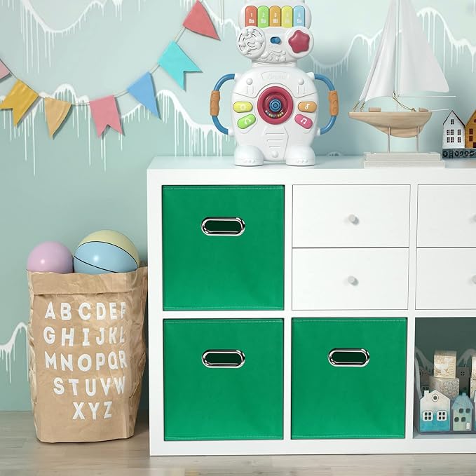 Green Foldable Storage Bins, 11x11x11, Set of 3, (Fabric Cube Organizer with Handle, for Cloth or Accessory Storage)