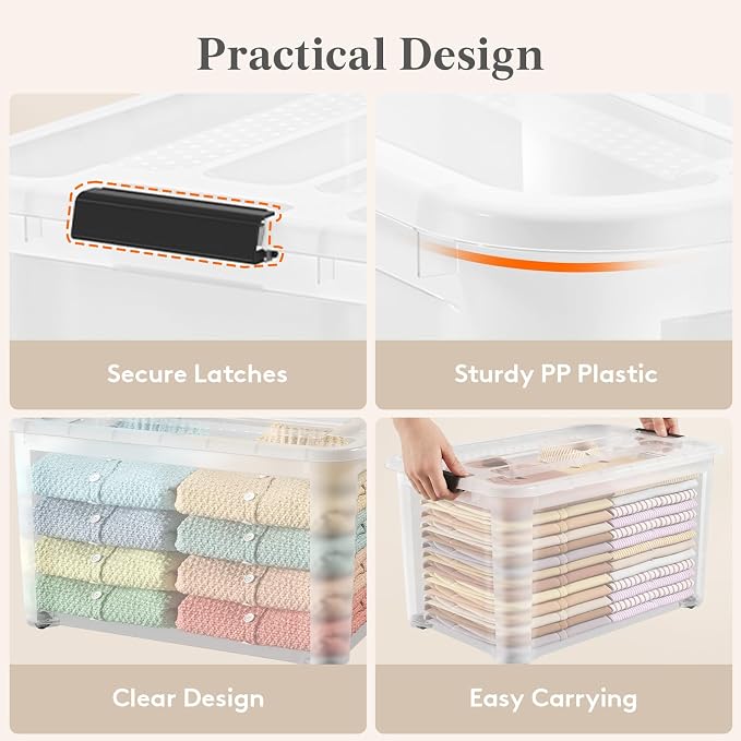Lifewit 58Qt Storage Bins with Lids, Plastic Large Latches Boxes with Wheels, Clear Totes Tubs Container for Closet Organizers and Storage, Bedroom, Clothes, Craft, 4 Pcs