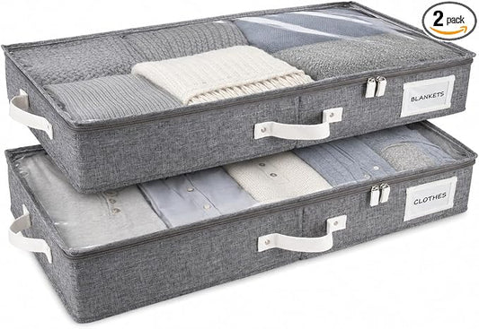 2pc Low Profile Under Bed Storage Containers, Thin Under Couch Storage Organizer with Bins & Lids, Underbed Storage Box Ideal for Seasonal Clothes, Blankets, Fabric & Shoes (LightGray)