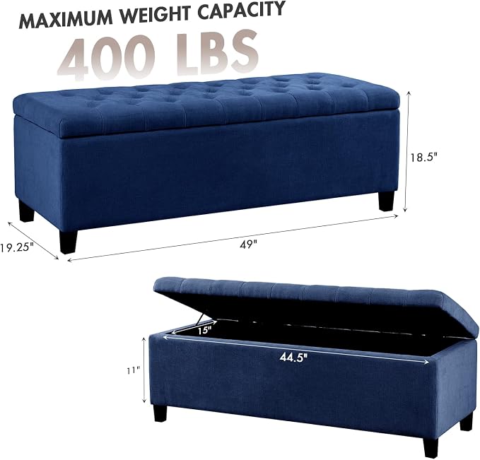 Madison Park 49" Upholstered Storage Bench, Button Tufted End of Bed Bench with Storage, Dual Spring Soft-Close Lid, Bedroom Bench for Queen King Bed, Entryway Living Room, Navy