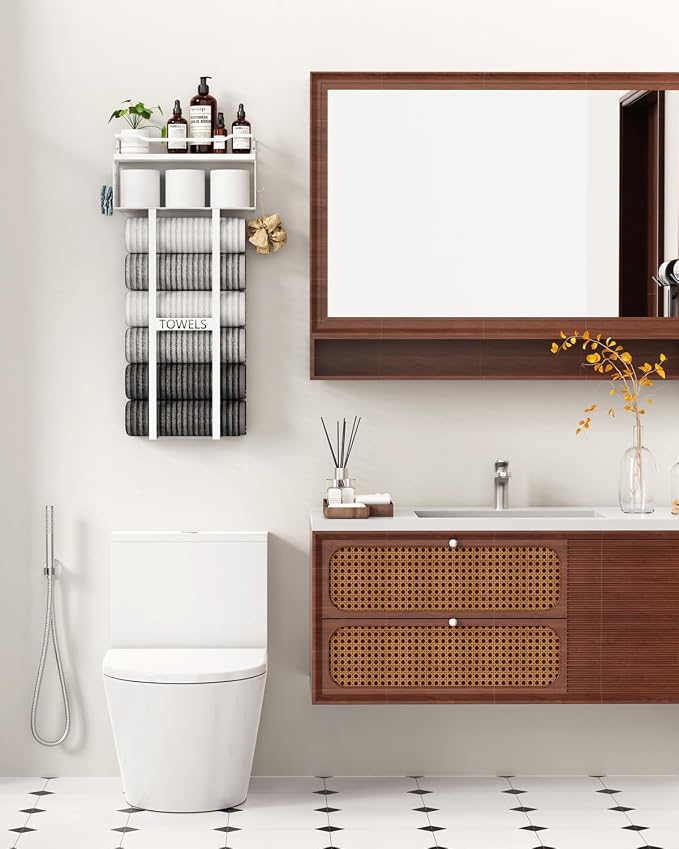 Aetyord Towel Racks for Bathroom 31inch Wall Mounted Towel Rack,Floating Shelf with Wood Plank,Towel Storage for Bathroom Can Holds 6 Large Rolled Towels,All White