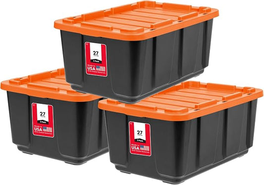 IRIS USA 3-Pack 27 Gal Heavy Duty Storage Tote Bins with Lids, Orange | Large-capacity design stores seasonal gear, moving supplies and equipment, Stackable shape supports efficient organization