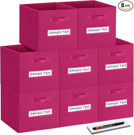 Fabric storage cubes (8 Pack) 11 Inch Cube Storage Bin, cube organizer bins with 8 Labels Window Cards & a Pen, Foldable cube organizer bins and Storage Box, Dark pink