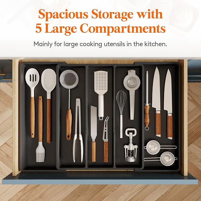 Lifewit Utensil Organizer for Kitchen Drawers, Expandable Cooking Utensil Tray, Adjustable Cutlery Silverware Flatware Holder, Plastic Spatula Tools Storage Divider, 16- 28 x 18.5", Black
