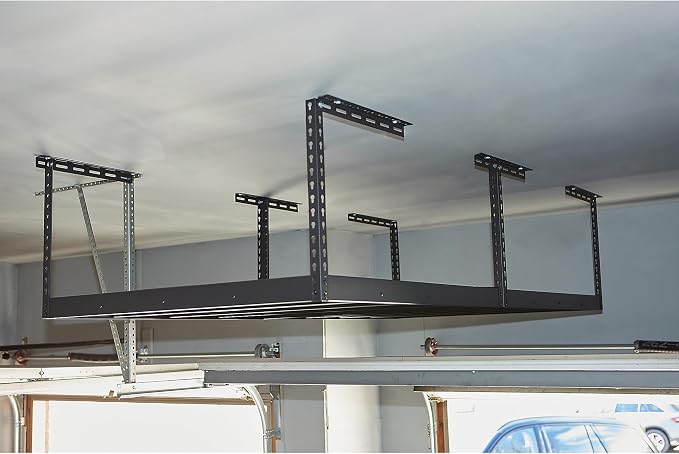 Klutch Overhead Garage Storage Rack, 96in., 96in.L x 48in.D x 23-37in.H | Adjustable drop height, seasonal-item organization, floor-space savings, easy-access shelving, durable steel construction