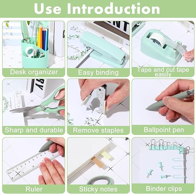Sage Green Desk Accessories Office Supplies Set, 12 Pcs | 360° Rotating Pen Holder, Stapler, Tape Dispenser, Scissor, Sticky Notes, Binder Clips, Desk Organizers Gift for School