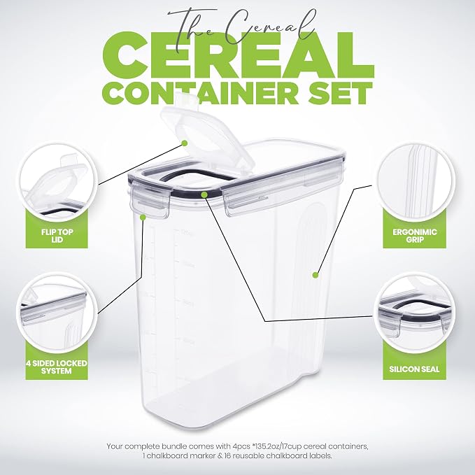 Utopia Kitchen Cereal Containers Storage Set – 2 Pack 4L(135.2 oz) Airtight Food Storage Containers with Lids, BPA-Free Cereal Dispensers for Pantry Organization and Storage (Clear)