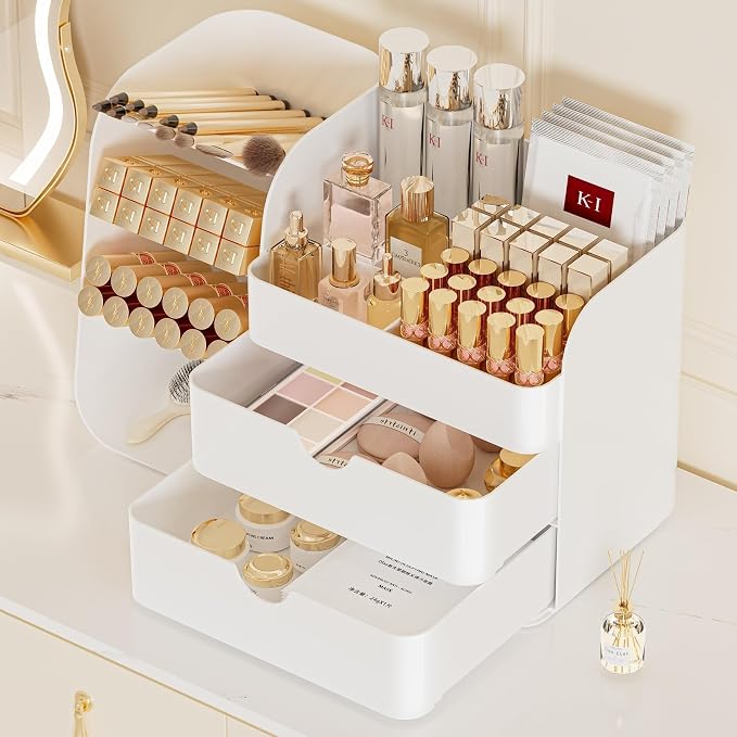 Makeup Organizer with Drawers, Large Capacity Countertop Organizer for Vanity, Bathroom and Bedroom Desk Cosmetics Organizer, Easy To Storage Skincare, Brushes, Eyeshadow, Lipstick (All White)