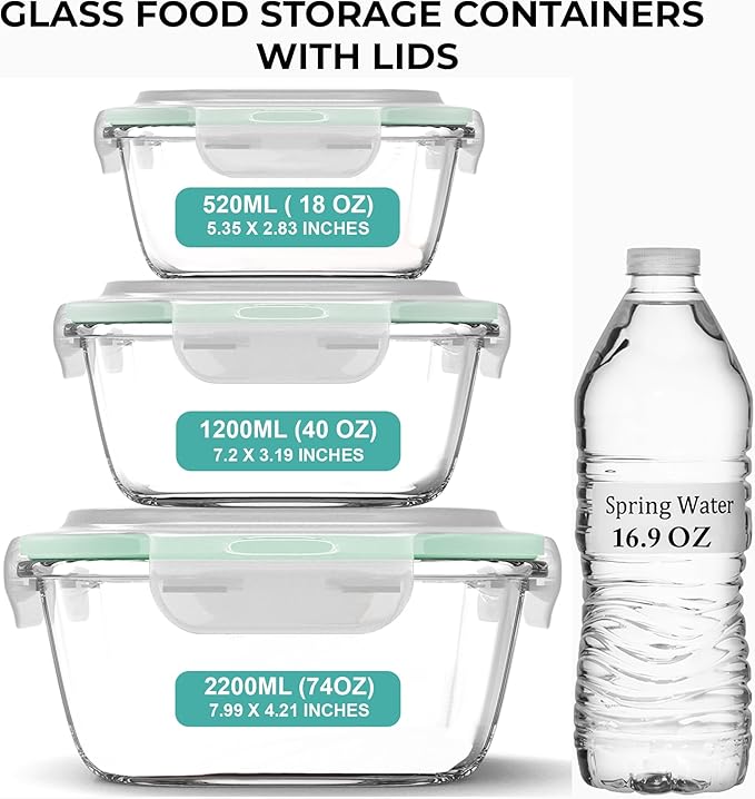Razab 6 PC Square Glass Food Storage Containers with Airtight lids (74, 40 & 18 oz) Kitchen Glass Meal Prep Containers Set for Freezer Reusable Leftover Lunch Boxes, Oven, Microwave, Dishwasher Safe