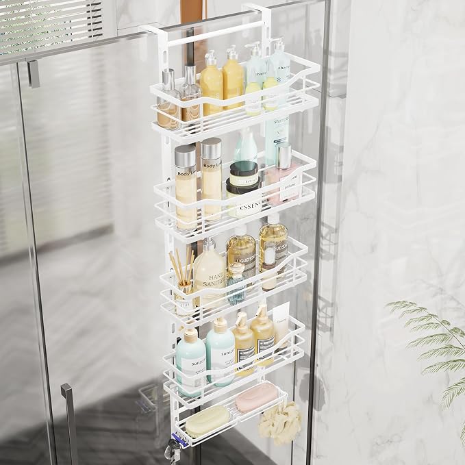 SWTYMIKI Over the Door Shower Caddy - 5 Tier Adjustable Shower Organizer Hanging with Soap Holder, No Drilling Stainless Steel Bathroom Rack Hanging for Body Wash, Shampoo, Soap, Razor, White