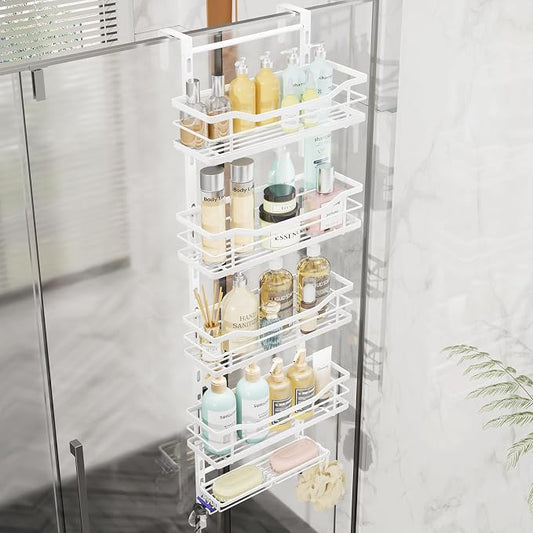 SWTYMIKI Over the Door Shower Caddy - 5 Tier Adjustable Shower Organizer Hanging with Soap Holder, No Drilling Stainless Steel Bathroom Rack Hanging for Body Wash, Shampoo, Soap, Razor, White