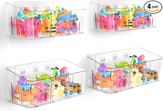 Bath Toy Storage 4 Packs, Large Bath Toy Holder - 3 Compartments, Quick-Dry | BPA-Free Bathtub Toy Organizer, Wall-Mounted Adhesive Shower Caddy, Bathroom Toy Basket & Bin for Baby, Toddler, Kids, Clear