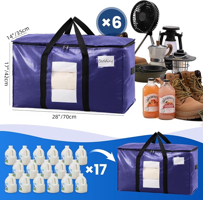 TAILI 6 Pack Dark Blue Extra Large Storage Bags, Heavy Duty Totes with Visible Window, Wrap Around Handles, Perfect for Moving