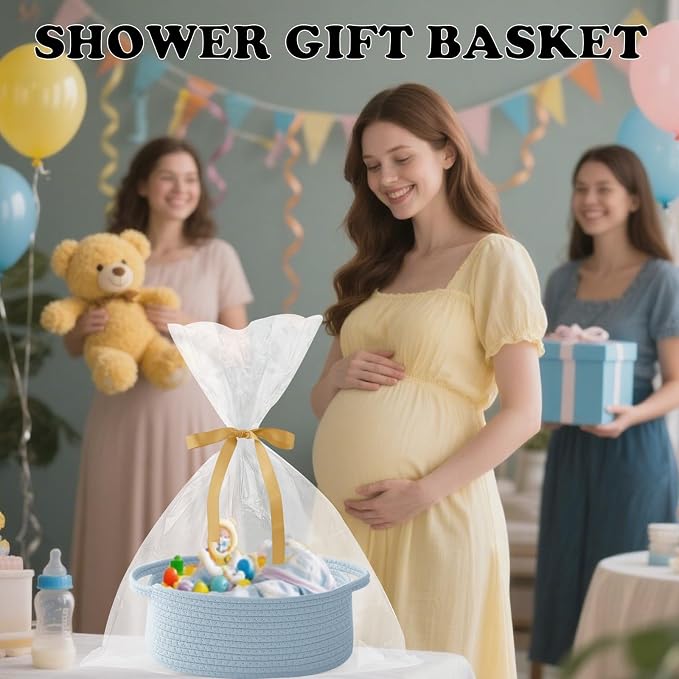 Blue Woven Rope Basket - Baby Gift Basket with Bag & Ribbon | Cotton rope with handle, 12x8x5 in, gift bag and ribbon, for baby shower, birthday, toy storage, nursery, shelf decor