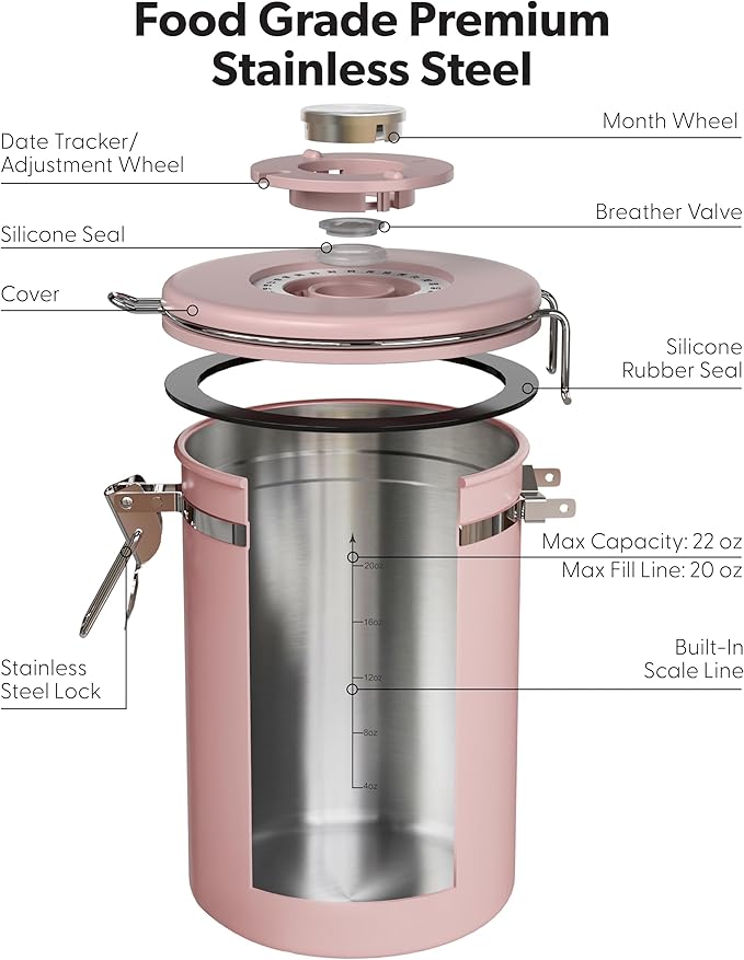 Veken Coffee Canister with Window, Airtight Stainless Steel Container, 22OZ | Date Tracker,Kitchen Food Storage Organizers for Beans, Ground, Espresso, Rice,Tea, Sugar,Cereal, Gifts,Lids,Jars,Scoop, Pink