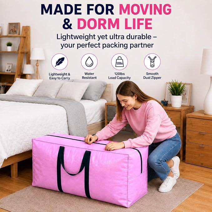 Extra Large Storage Bags, Jumbo Moving Tent Storage Bags, Waterproof Foldable Big Pink XXL Duffle Bag for Travel, 42x23x13.5inch - 4PACK