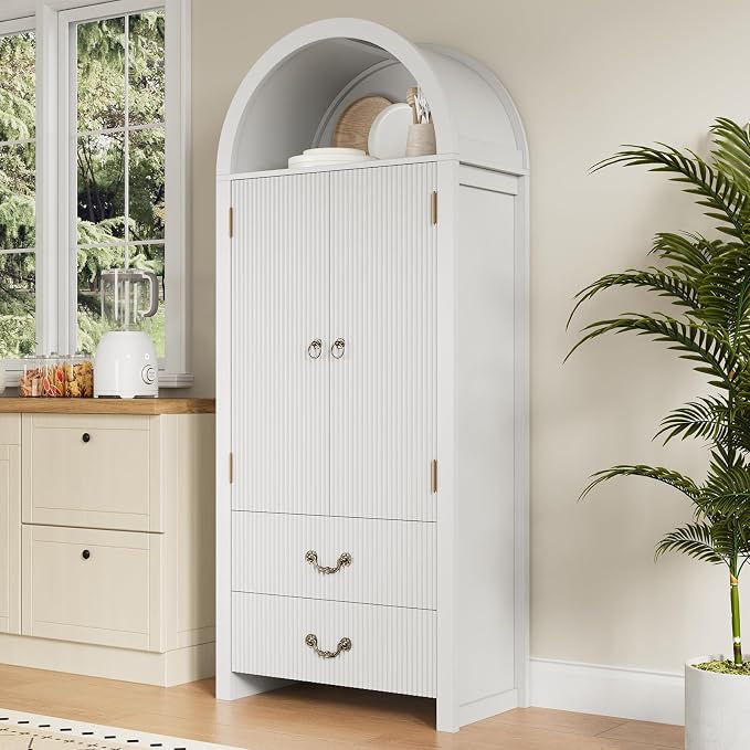 FURSUN 71" Arched Storage Cabinet with Fluted Doors, Tall Wood Pantry Cabinet with Drawers & Adjustable Shelves, Modern Coffee Bar Cabinet, White
