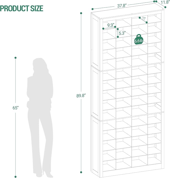 Hzuaneri Shoe Storage Cabinet, 60 Pairs Free Standing Closet Organizer, 9 inch Widened Cell Wood Shoe Organizer, 15 Tiers Vertical Space Saving Shoe Rack for Entryway, Cloakroom, White SR49603X