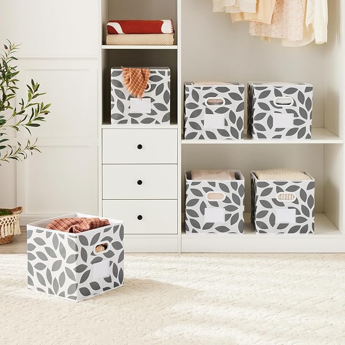 MAX Houser Foldable Fabric Storage Cubes Bins with Dual Plastic Handles, Set of 6, Closet Bedroom Drawer Organizer, Grey