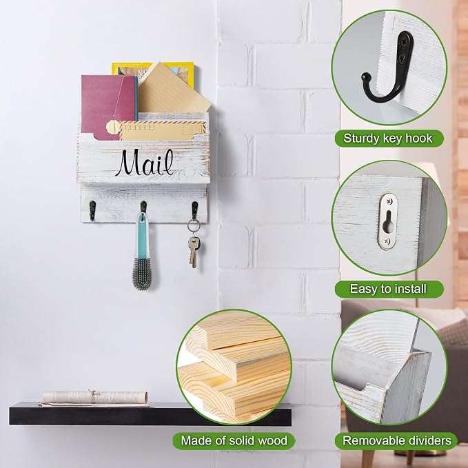 DRASTAR Mail Organizer Wall Mounted, Wooden Mail & Key Holder for Wall, Hanging Mail Organizer, Retro White Mail Basket for Home Office