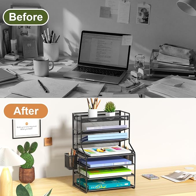 7 Tier Desk File Organizer, Black Metal Letter Tray Paper Organizer with Pull-Out Drawer, Removable Pen Holder & Hanging Basket, Vertical Desktop File Holder for Home Office, Classroom