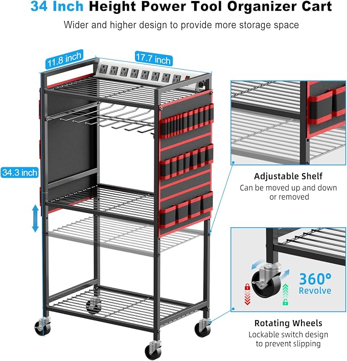 JUNNUJ Power Tool Organizer Cart with Charging Station, 6 FT Cord, Red | Floor Standing, Large Garage Rolling Storage Cart on Wheels, Heavy Duty Drill Battery Storage Rack, with 8 Outlet Power Strip