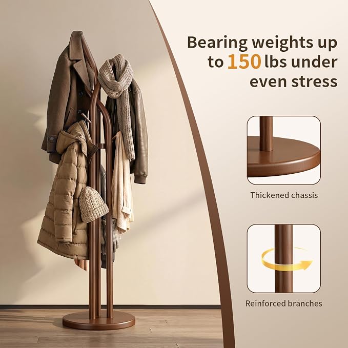 Solid Wood Coat Rack Freestanding Wood Coat Tree Rack with 9 Hooks, Creative Tree-Shaped Design, Standing Coat Rack Clothes Hanger Stand with Sturdy Base for Entryway, Bedroom - Load 300lb (Walnut)