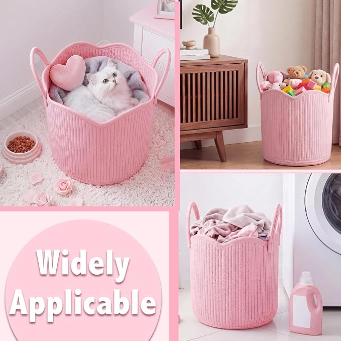 Newtay Pink Scalloped Woven Blanket Basket 12" x 12" x 12" Cotton Rope Laundry Basket Hamper Cute Round Decorative Storage Bin with Handles for Baby Nursery Living Room Bedroom Bathroom