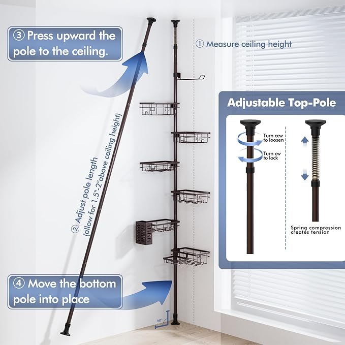 Corner Shower Caddy Tension Pole, Bathroom Organizer and Storage for Shower | Adjustable 30-120 Inch Shelves, 6-Tier Shelf, Rustproof Towel Bar & Soap Dish &Toothbrush Holder Shower Rack