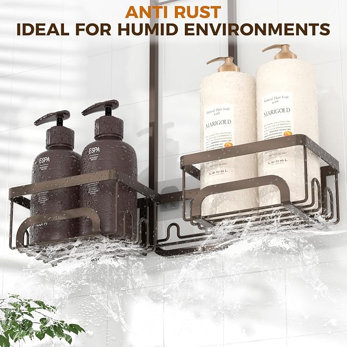 REINHARDT Split Shower Caddy Hanging for Handheld Showerheads, Bronze | Adjustable Shower Organizer, Rustproof, 16 Hooks, Soap Holder, 40lbs Capacity, Anti-Slip, Tool-Free, Bathroom Accessories