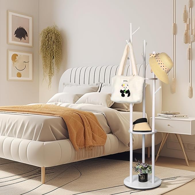 Wood Coat Rack Freestanding Rotary Coat tree with 3 Shelves and 9 Hooks | Heavy Duty Coat Rack Coat Hanger Stand for Entryway, Bedroom, Living Room – Holds Jackets, Coats, Hats, Bags (White)