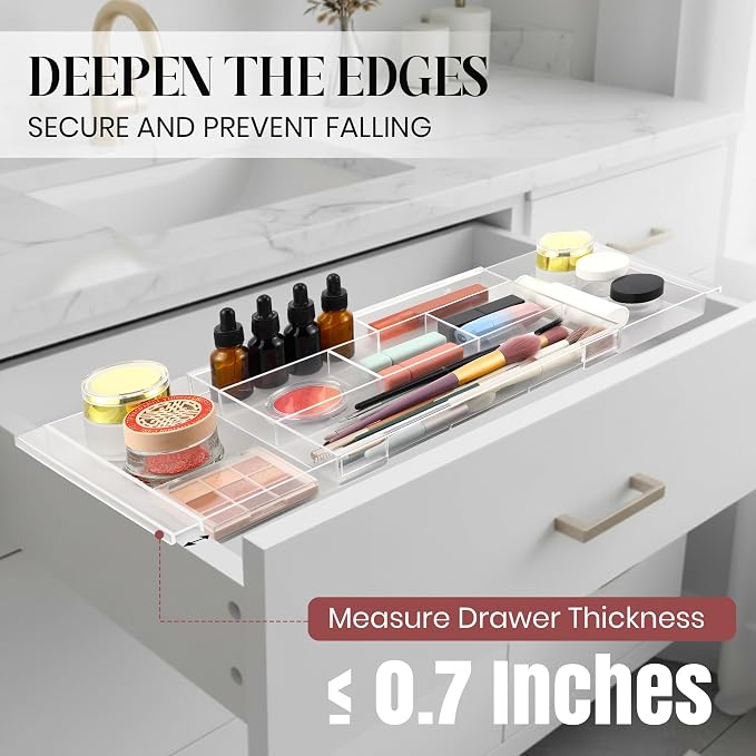 2pack Shallow Expandable Drawer Organizer, Adjustable 12.5”–20” Clear Plastic Drawer Organizer Tray for Vanity Bathroom Desk Kitchen Drawers, Multi Compartment Storage