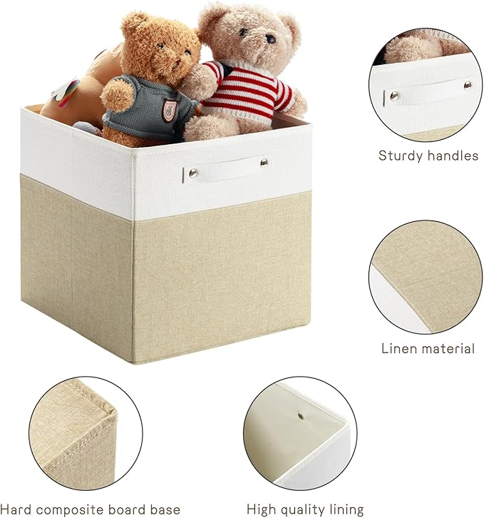 FinishingBo 13x13x13 Storage Cube Bins 6 Pack, Cube Shelf Baskets | Foldable Storage Cubes, Linen Storage Bins with Handles, Closet Organizers, White/Khaki