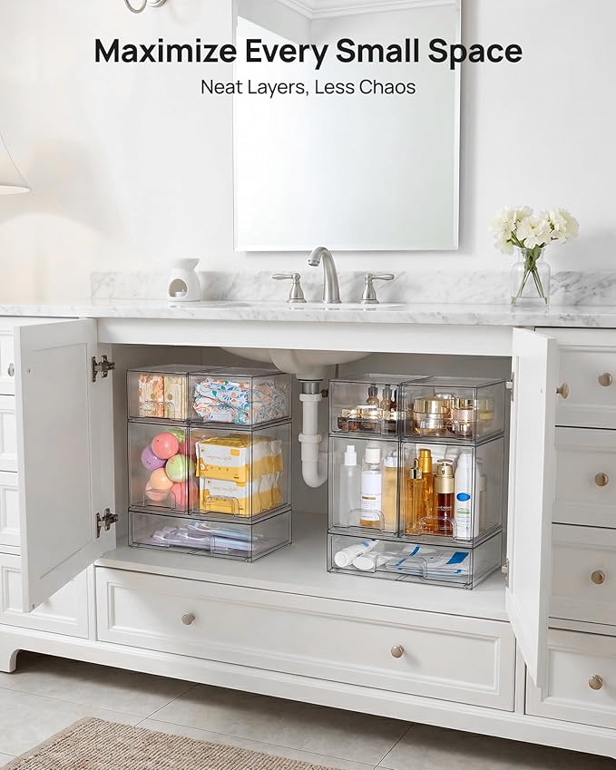 Vtopmart Stackable Storage Drawers Set of 5, Clear Plastic Organizer Bins for Baby Bottle, Beauty Supplies Storage, Ideal for Kichen Countertop, Vanity, Bathroom, Cabinet, Pantry Organization