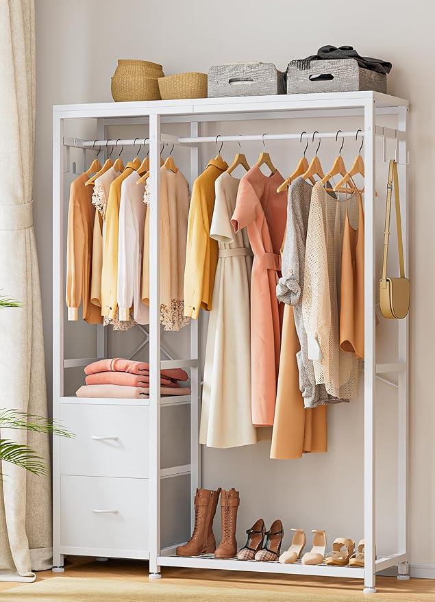 Lulive Clothes Rack with 2 Rods, Shelves, Drawers & Hooks, Garment Rack | Clothes rack with 2 hanging rods (50lbs each), 2 shelves, 2 fabric drawers & 4 hooks. 300lb total capacity. Fits small spaces