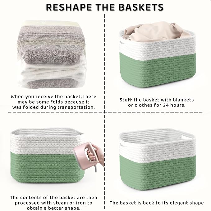 4 Pack Storage Baskets for Organizing, 11''Lx9''Wx8''H Woven Baskets for Storage Toys, Towels, Books, and Clothes, Cotton Rope Basket for Shelves with Handle