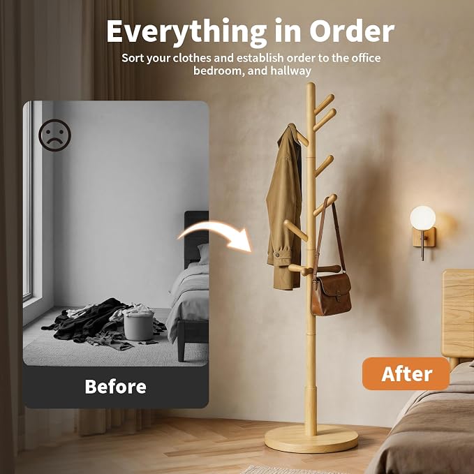 Solid Wood Coat Rack Freestanding with 9 Hooks - Wooden Coat Rack Stand for Entryway, Bedroom, Living Room, Hallway for Coats, Handbags, Hat (Natural)