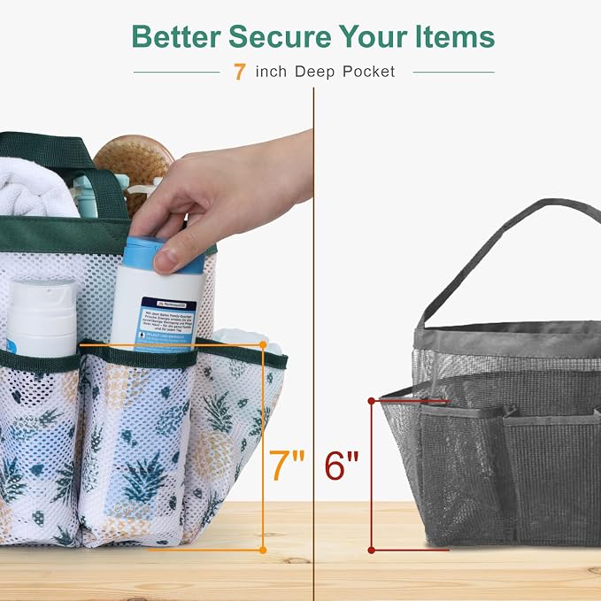 F-color Shower Caddy Portable - Mesh Shower Bag Basket Tote for College Dorm Room Essentials Bathroom Gym Camp Quick Dry for Women Men with S Hook, Green Pineapple | 2-Handle, Quick-Dry, Toiletry Organizer, College Dorm Room Essentials for Girls, Gym, ...