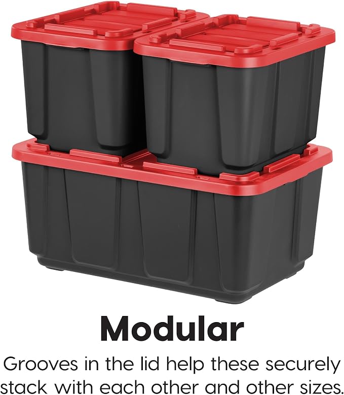 IRIS USA 4-Pack 27 Gal Heavy Duty Storage Tote Bins with Lids, Red | Large-capacity design stores seasonal gear, moving supplies and equipment, Stackable shape supports efficient organization
