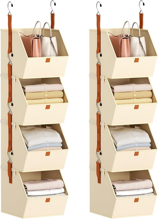 Homsorout Hanging Closet Organizer 4 Tier - Clothes Hanging Shelves, Space-Saving Closet System, Fabric Storage Bins Bedroom Organization, Collapsible Baskets for Home, Dorm, Rv, Beige, 8 Pack
