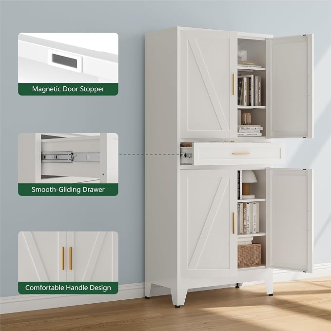Bevivog 71" Kitchen Pantry Cabinet, Metal Storage Cabinet with Drawer, 2 Doors and 4 Adjustable Shelves Cabinet for Home Office Laundry Living Room Farmhouse White Metal Pantry