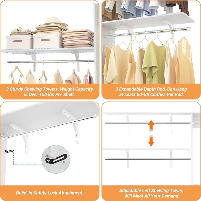 8FT Closet System with 3 Wooden Storage Shelves, 96'' Closet Organizer System with 3 Hanging Rods, Wall Mount Bedroom Wardrobe Walk-in Closet, Adjustable Garment Rack from 5 to 8FT (Cut to Fit), White