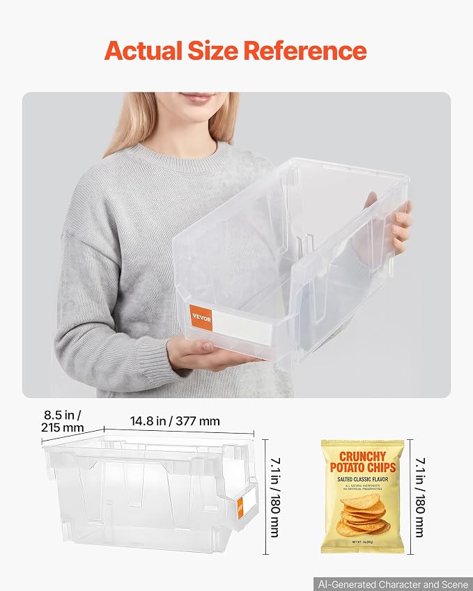 VEVOR Plastic Stackable Storage Bins, 14.8 x 8.5 x 7.1 inch (6 Pack), Plastic Containers for Organizing & Storage Bins for Closet, Garage, Small Parts, Office Supplies, Other Accessories, Transparent
