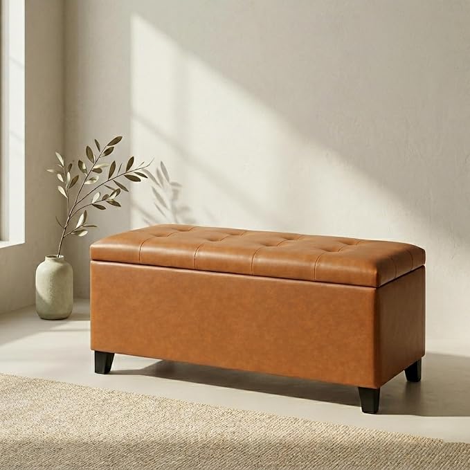 Storage Ottoman Bench, 33" Faux Leather Upholstered End of Bed Bench with Safety Hinge,Wooden Legs,for Entryway Bedroom Living Room