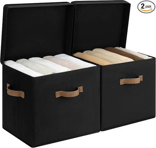 StorageWorks Storage Bins with Lid, Decorative Fabric Storage Bins with Handles, Stackable Closet Organizers for Shelves and Bedroom, Large, Black, 2-Pack