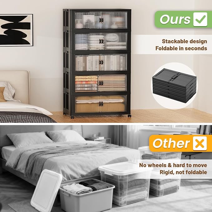 SAILUN 635Qt Extra Large Stackable Storage Bins Folding Collapsible Storage Bins with Lid, Closet Organizers and Storage Box with Door Black 28" W x 17" D x 75" H