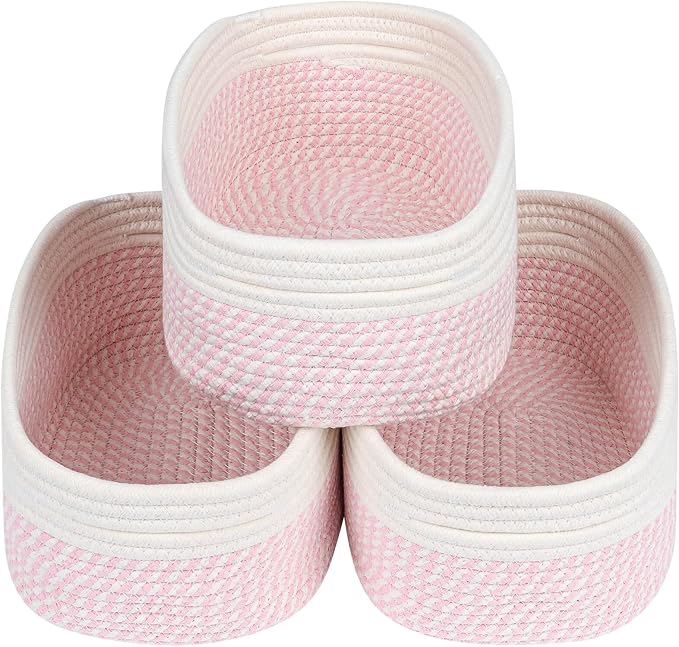 CubesLand Rectangle Woven Cotton Rope Storage Basket for Organizing | Small Basket for Kids, Baby Nursery, Cat Dog Toy Baskets, Organizer Bins for Shelves 3 Packs